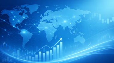 immagine blu con mappa del mondo e schemi finanziari 