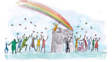 Illustrazione bilancio raffigurante studenti sotto l'Arco di Traiano