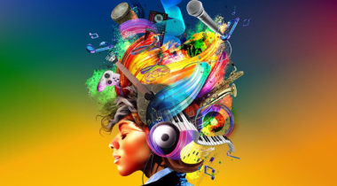 immagine di una ragazza con cuffie e capelli colorati